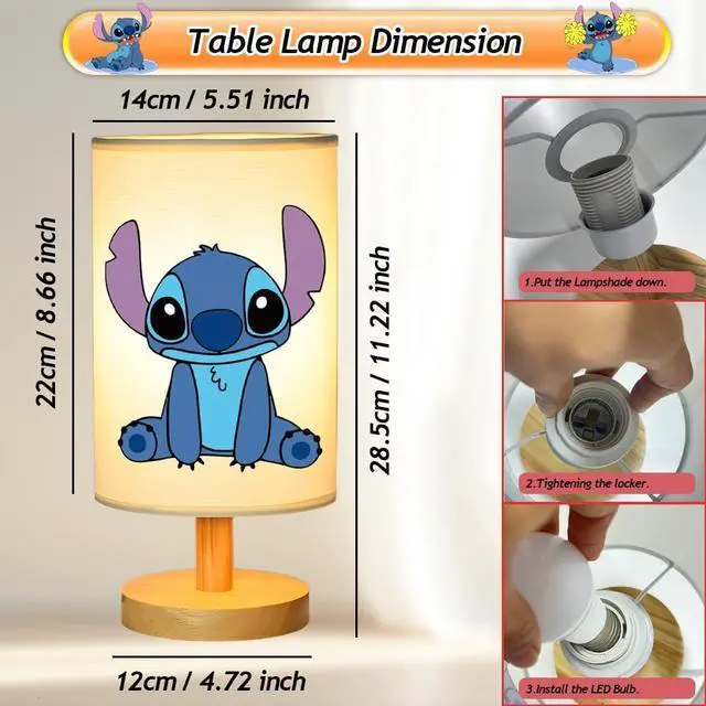 Alt view image 4 of 7 - Stitch Bedside Table Lamp for Bedroom, Stitch Gifts - 3 Colors Nightstand Light Lamp, Wood Base Round Flaxen Fabric Shade Desk Reading Lamp for Kids Room, LED Bulb Included, Stitch Stuff Girls Gifts