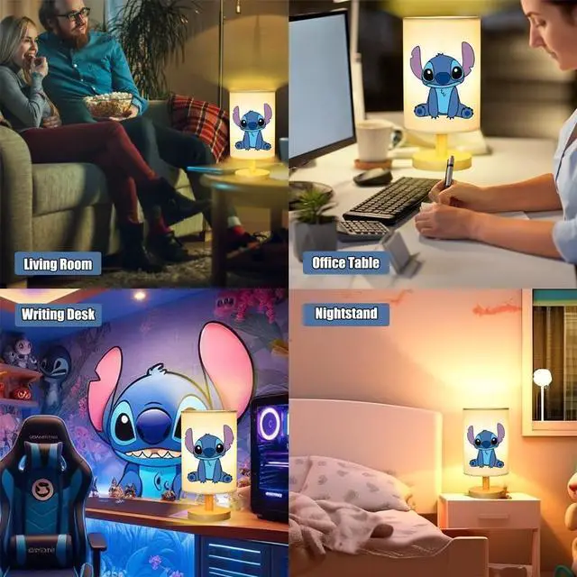 Alt view image 5 of 7 - Stitch Bedside Table Lamp for Bedroom, Stitch Gifts - 3 Colors Nightstand Light Lamp, Wood Base Round Flaxen Fabric Shade Desk Reading Lamp for Kids Room, LED Bulb Included, Stitch Stuff Girls Gifts