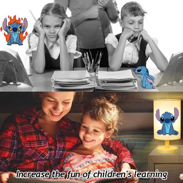 Alt view image 6 of 7 - Stitch Bedside Table Lamp for Bedroom, Stitch Gifts - 3 Colors Nightstand Light Lamp, Wood Base Round Flaxen Fabric Shade Desk Reading Lamp for Kids Room, LED Bulb Included, Stitch Stuff Girls Gifts