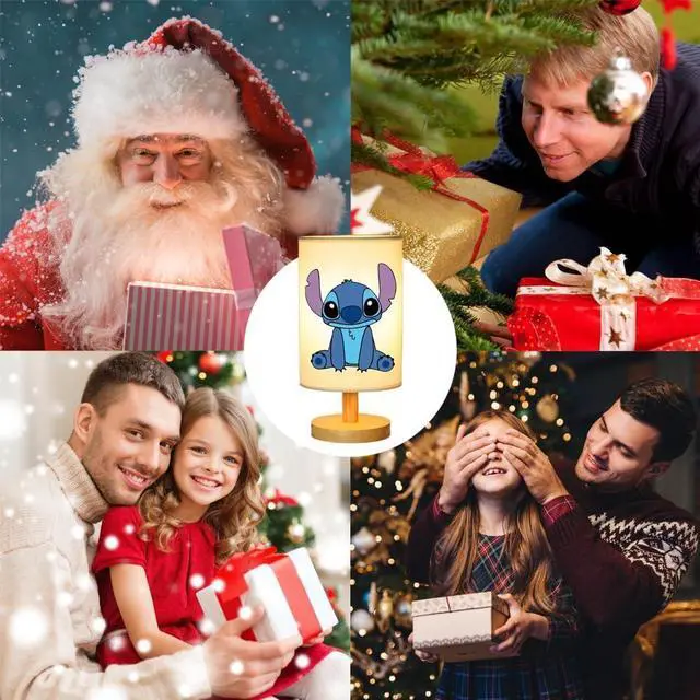 Alt view image 7 of 7 - Stitch Bedside Table Lamp for Bedroom, Stitch Gifts - 3 Colors Nightstand Light Lamp, Wood Base Round Flaxen Fabric Shade Desk Reading Lamp for Kids Room, LED Bulb Included, Stitch Stuff Girls Gifts