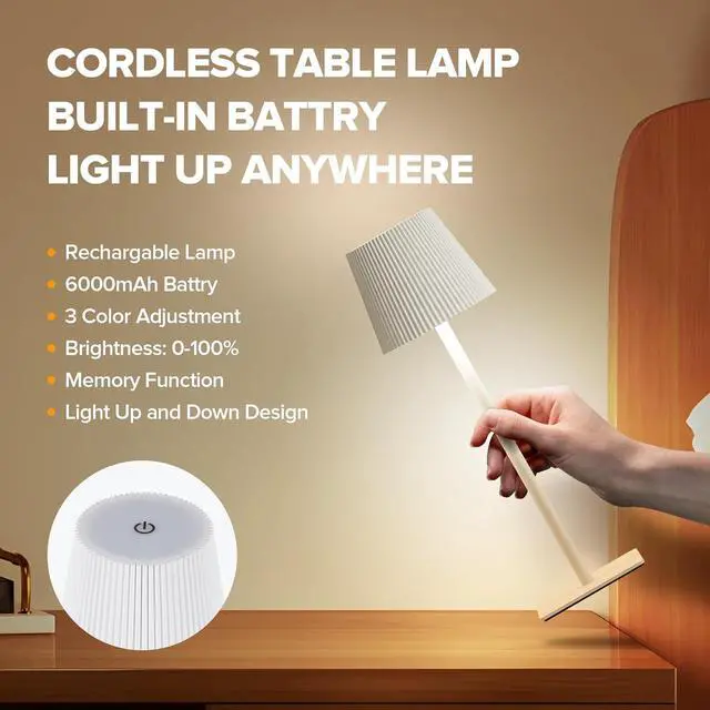 Alt view image 4 of 7 - LUTEC 2 Pack Cordless Table Lamp,6000mAh Rechargeable Battery Operated Desk Lamp,Two Adjustable Heights,Waterproof, Touch Control & 3 Color Stepless Dimming for Restaurant/Bedroom/Bars/Outdoor (White)