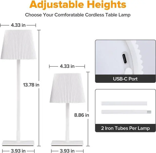 Alt view image 5 of 7 - LUTEC 2 Pack Cordless Table Lamp,6000mAh Rechargeable Battery Operated Desk Lamp,Two Adjustable Heights,Waterproof, Touch Control & 3 Color Stepless Dimming for Restaurant/Bedroom/Bars/Outdoor (White)