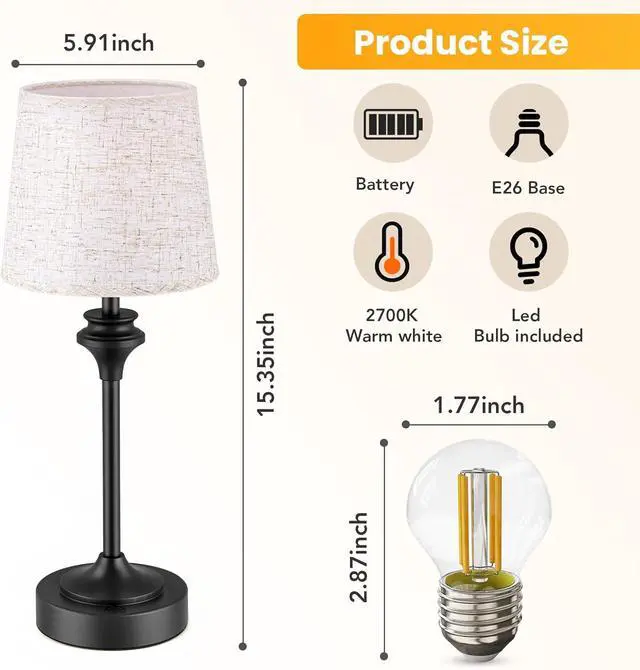 Alt view image 5 of 7 - NIORSUN Portables Cordless Table Lamp Set of 2, Battery Operated Lamp, Bedside Table Lamp with Warm White,3 Way Dimmable Touch Desk Lamp for Bedroom Living Room Restaurant Whtie Shade (Black)