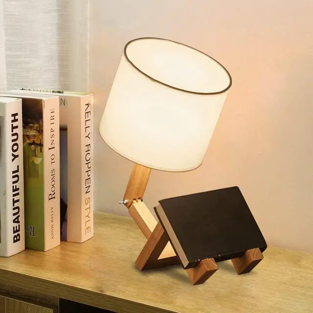 Alt view image 2 of 6 - ELINKUME Robot Desk Lamp Set of 2, Creative Bedside Lamp for Bedroom,Wooden Lamp Body Adjustable,DIY E26 Living Room Table Lamps with Fabric Shade,Modern Indoor Decorative Lighting, TB-QBT005-WHM2