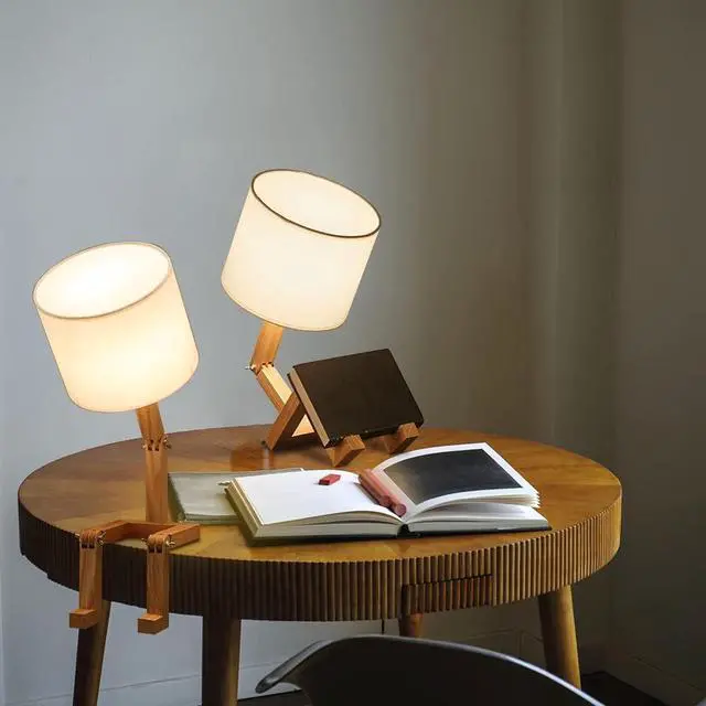Alt view image 3 of 6 - ELINKUME Robot Desk Lamp Set of 2, Creative Bedside Lamp for Bedroom,Wooden Lamp Body Adjustable,DIY E26 Living Room Table Lamps with Fabric Shade,Modern Indoor Decorative Lighting, TB-QBT005-WHM2