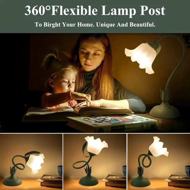 Alt view image 3 of 7 - 2Pack Flower Table Lamp, 3 Level Brightness Vintage Flower Reading Light with E26 Bulb, Cute Desk Lamp Bedside Lamps Lily Lamps for Nightstands Living Room Bedroom Ambient Lighting Home Decor