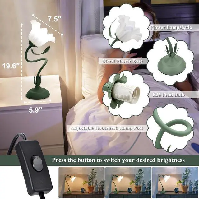 Alt view image 6 of 7 - 2Pack Flower Table Lamp, 3 Level Brightness Vintage Flower Reading Light with E26 Bulb, Cute Desk Lamp Bedside Lamps Lily Lamps for Nightstands Living Room Bedroom Ambient Lighting Home Decor