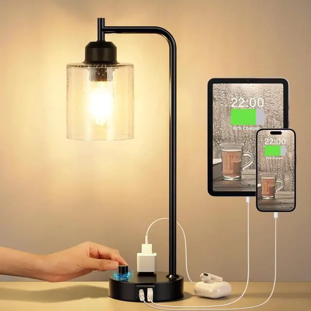 Main image of Industrial Bedside Table Lamp for Bedroom - Nightstand Lamps with USB C Charging Port, Fully Dimmable Black Ports and Outlets, Small Desk Glass Shade Office Living Room