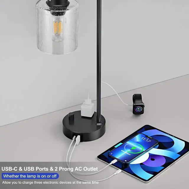 Alt view image 3 of 7 - Industrial Bedside Table Lamp for Bedroom - Nightstand Lamps with USB C Charging Port, Fully Dimmable Black Ports and Outlets, Small Desk Glass Shade Office Living Room