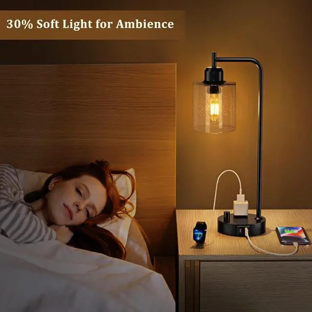 Alt view image 4 of 7 - Industrial Bedside Table Lamp for Bedroom - Nightstand Lamps with USB C Charging Port, Fully Dimmable Black Ports and Outlets, Small Desk Glass Shade Office Living Room