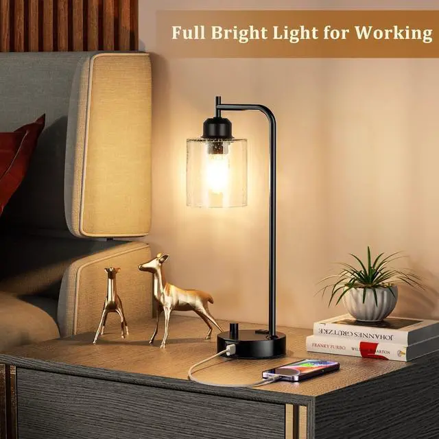 Alt view image 5 of 7 - Industrial Bedside Table Lamp for Bedroom - Nightstand Lamps with USB C Charging Port, Fully Dimmable Black Ports and Outlets, Small Desk Glass Shade Office Living Room