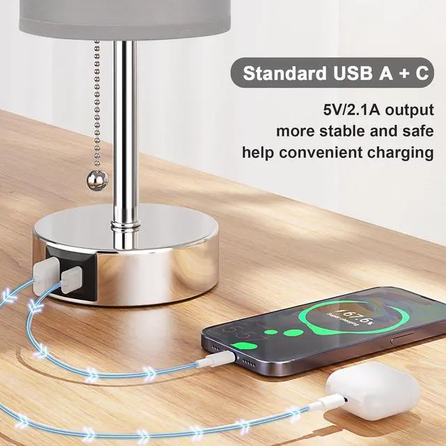Alt view image 3 of 7 - Silver Bedside Lamps for Bedroom Set of 2 - Nightstand Table Lamp with USB A + C Charging Port, 3 Color Temperatures Pull Chain Night Stand Light, Side Table Desk Reading Lamp for Living Room/Dorm