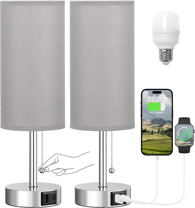 Main image of Silver Bedside Lamps for Bedroom Set of 2 - Nightstand Table Lamp with USB A + C Charging Port, 3 Color Temperatures Pull Chain Night Stand Light, Side Table Desk Reading Lamp for Living Room/Dorm