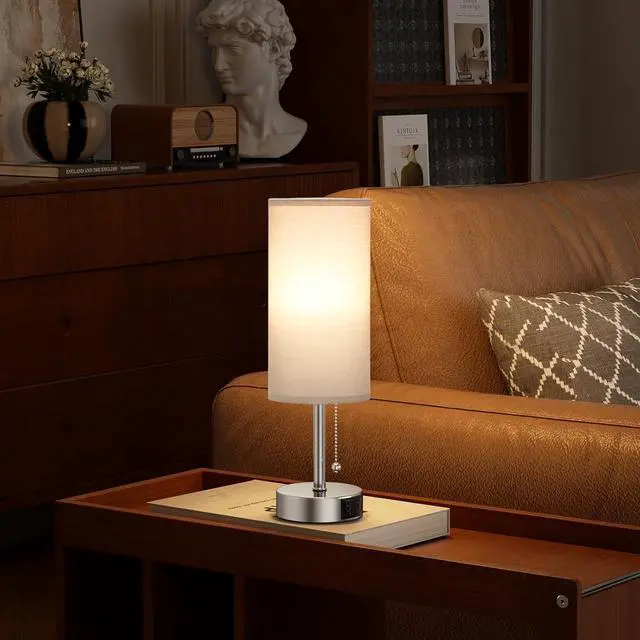 Alt view image 4 of 7 - Silver Bedside Lamps for Bedroom Set of 2 - Nightstand Table Lamp with USB A + C Charging Port, 3 Color Temperatures Pull Chain Night Stand Light, Side Table Desk Reading Lamp for Living Room/Dorm