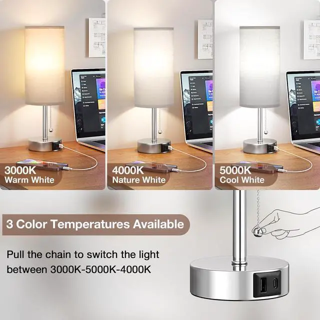 Alt view image 2 of 7 - Silver Bedside Lamps for Bedroom Set of 2 - Nightstand Table Lamp with USB A + C Charging Port, 3 Color Temperatures Pull Chain Night Stand Light, Side Table Desk Reading Lamp for Living Room/Dorm