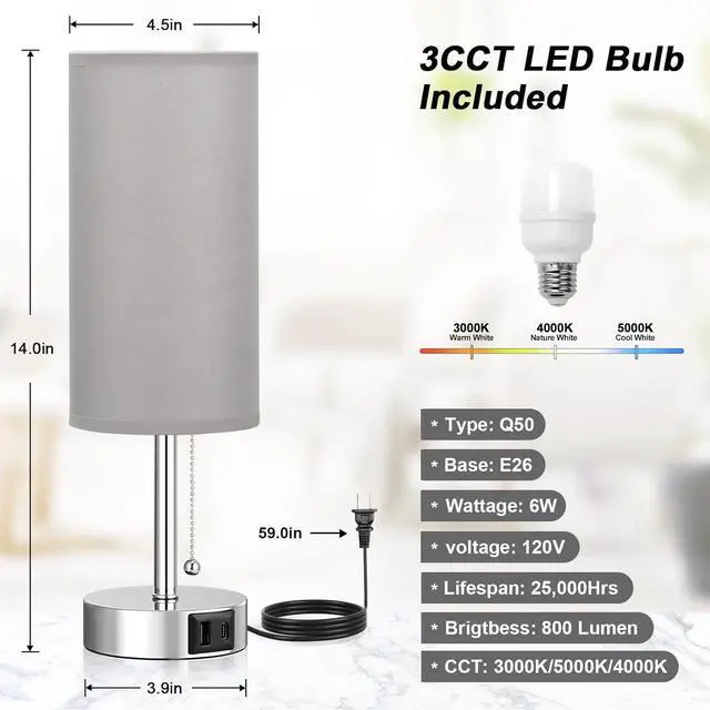 Alt view image 6 of 7 - Silver Bedside Lamps for Bedroom Set of 2 - Nightstand Table Lamp with USB A + C Charging Port, 3 Color Temperatures Pull Chain Night Stand Light, Side Table Desk Reading Lamp for Living Room/Dorm