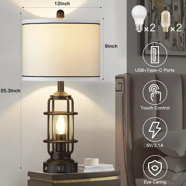 Alt view image 2 of 7 - 26" Modern Lamp for Living Room, Industrial 3-Way Dimmable Beside Table Lamp with USB A+C Charging Ports & AC Outlet, Touch Control Beside Lamp LED Night Light for Bedroom Single(2 Bulbs Included)