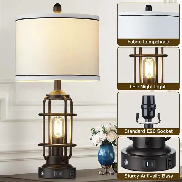 Alt view image 4 of 7 - 26" Modern Lamp for Living Room, Industrial 3-Way Dimmable Beside Table Lamp with USB A+C Charging Ports & AC Outlet, Touch Control Beside Lamp LED Night Light for Bedroom Single(2 Bulbs Included)