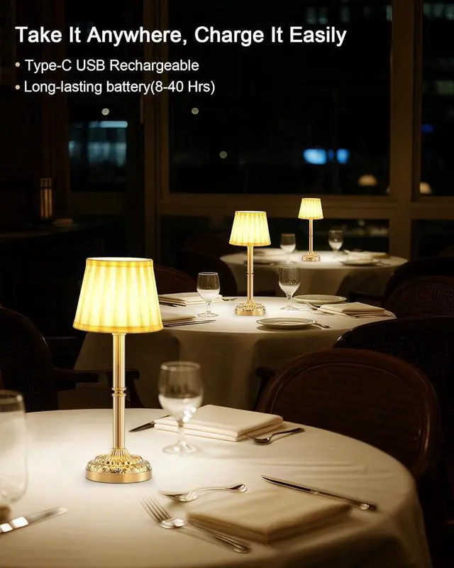 Alt view image 3 of 7 - Rechargeable Cordless Table Lamps Set of 2  Small Battery Operated Lamp, 3-Level Brightness Dimmer, Portable Wireless Lighting for Restaurant Dining Bedside Kitchen Living Room Patio, Vintage Brass