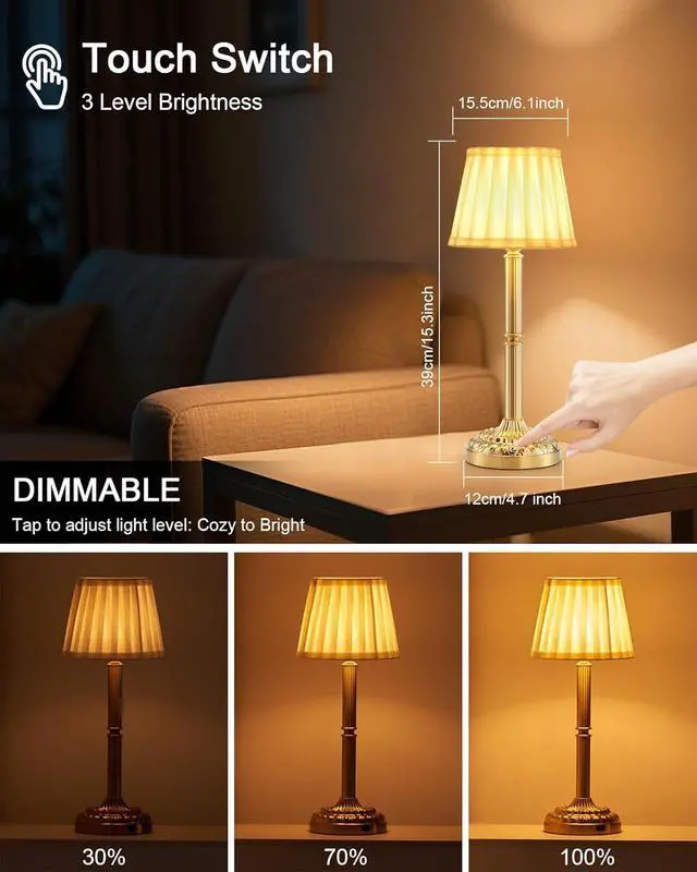 Alt view image 4 of 7 - Rechargeable Cordless Table Lamps Set of 2  Small Battery Operated Lamp, 3-Level Brightness Dimmer, Portable Wireless Lighting for Restaurant Dining Bedside Kitchen Living Room Patio, Vintage Brass