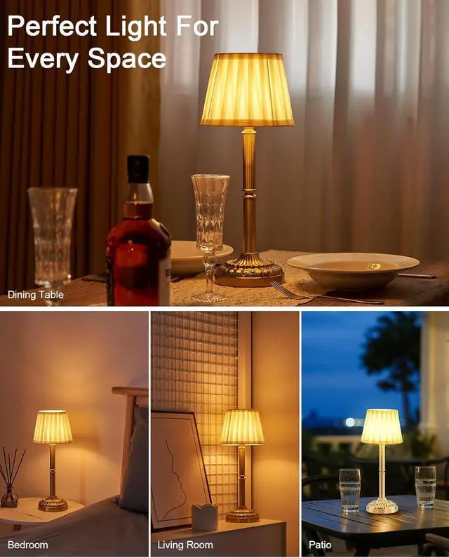 Alt view image 6 of 7 - Rechargeable Cordless Table Lamps Set of 2  Small Battery Operated Lamp, 3-Level Brightness Dimmer, Portable Wireless Lighting for Restaurant Dining Bedside Kitchen Living Room Patio, Vintage Brass