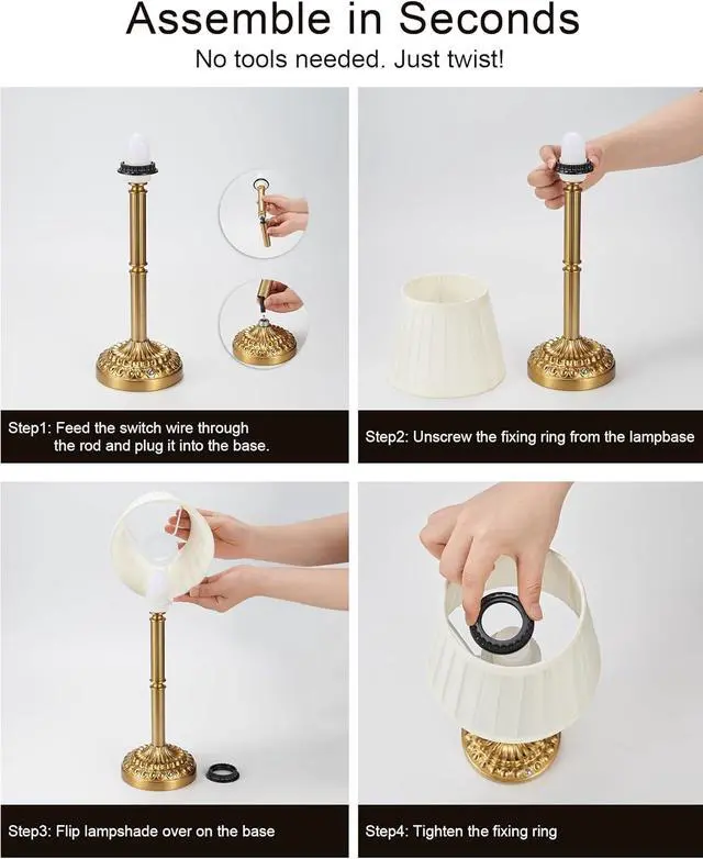 Alt view image 7 of 7 - Rechargeable Cordless Table Lamps Set of 2  Small Battery Operated Lamp, 3-Level Brightness Dimmer, Portable Wireless Lighting for Restaurant Dining Bedside Kitchen Living Room Patio, Vintage Brass