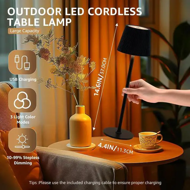 Alt view image 3 of 7 - uuffoo Cordless Table Lamps Rechargeable Set of 2, Outdoor Table Lamp with 3 Color Stepless Dimming, Battery Operated Desk Night Light for Patio, Restaurant, Bedroom