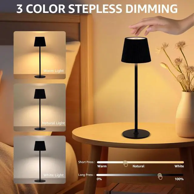 Alt view image 2 of 7 - uuffoo Cordless Table Lamps Rechargeable Set of 2, Outdoor Table Lamp with 3 Color Stepless Dimming, Battery Operated Desk Night Light for Patio, Restaurant, Bedroom