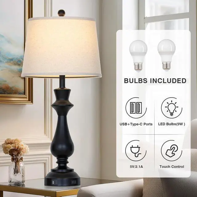 Alt view image 3 of 7 - Modern Black Table Lamps Set of 2 for Living Room,30" Tall Bedside Lamp with USB Charging Port,3-Way Dimmable Touch Nightstand Lamp for Bedroom Desk Side Table Office,Black