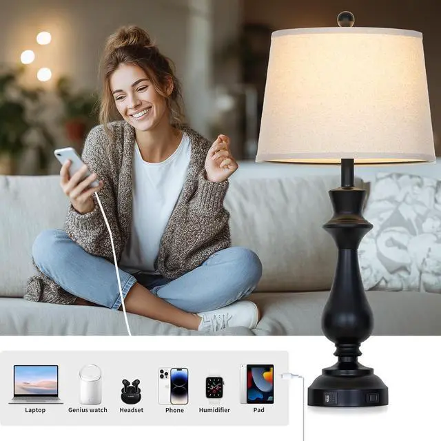Alt view image 4 of 7 - Modern Black Table Lamps Set of 2 for Living Room,30" Tall Bedside Lamp with USB Charging Port,3-Way Dimmable Touch Nightstand Lamp for Bedroom Desk Side Table Office,Black