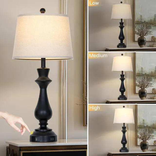 Alt view image 6 of 7 - Modern Black Table Lamps Set of 2 for Living Room,30" Tall Bedside Lamp with USB Charging Port,3-Way Dimmable Touch Nightstand Lamp for Bedroom Desk Side Table Office,Black