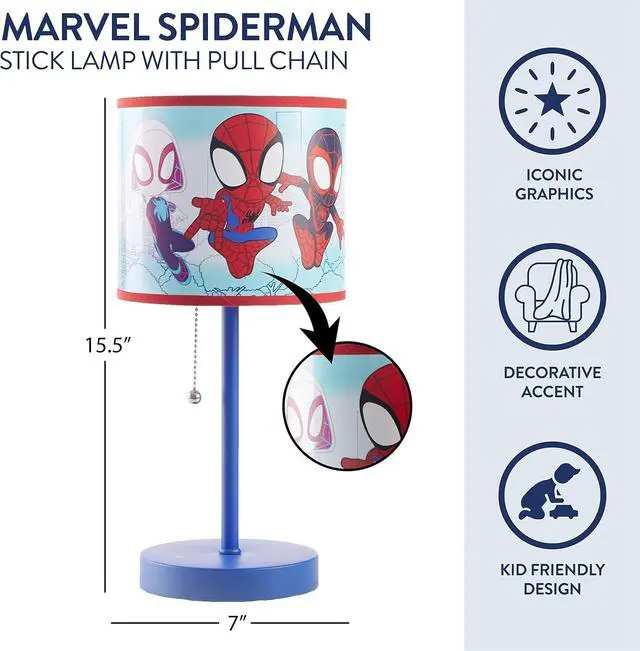 Alt view image 2 of 7 - Idea Nuova Marvel Spidey and His Amazing Friends Table Lamp,Kids Stick Lamp with Pull Chain, Fun Bedroom or Nightstand Lighting,Official Spidey Decor