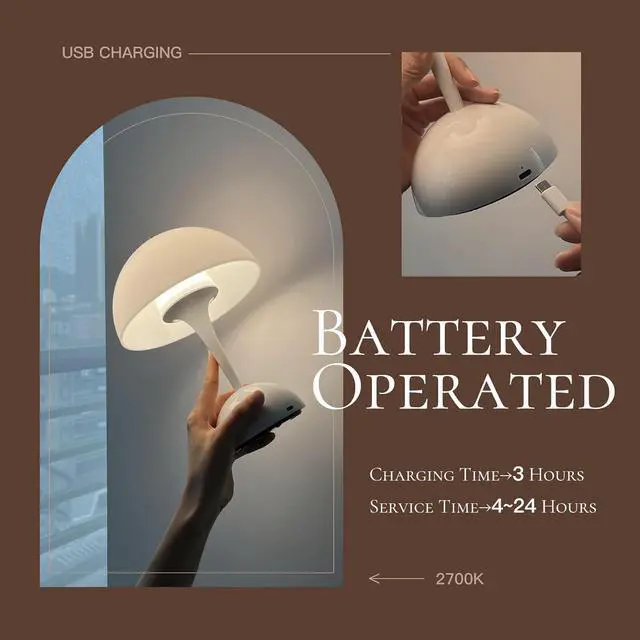 Alt view image 5 of 6 - ONEWISH Cordless Table Lamps Set of 2 - Portable Touch Mushroom Lamp with Dimmer, Rechargeable Nightstand Lamp Night Light for Kids, Small LED Lamp, for Christmas Birthday, White