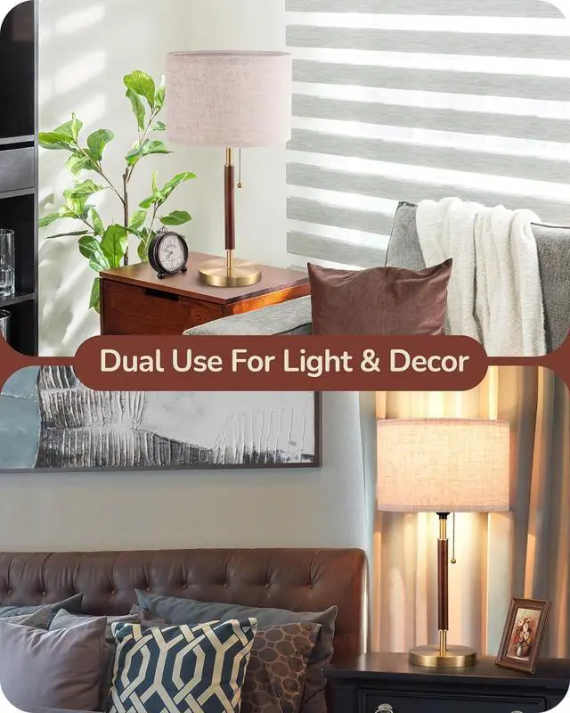 Alt view image 2 of 7 - EDISHINE Mid Century Table Lamp, Bedside Lamp with Pull Chain Switch, Solid Wood & Metal Pole, Modern Nightstand Table Lamp for Living Room, Bedroom, Office, Frosted Bronze & Wood Finish