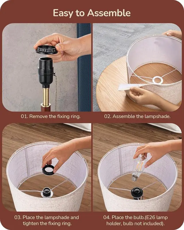 Alt view image 5 of 7 - EDISHINE Mid Century Table Lamp, Bedside Lamp with Pull Chain Switch, Solid Wood & Metal Pole, Modern Nightstand Table Lamp for Living Room, Bedroom, Office, Frosted Bronze & Wood Finish