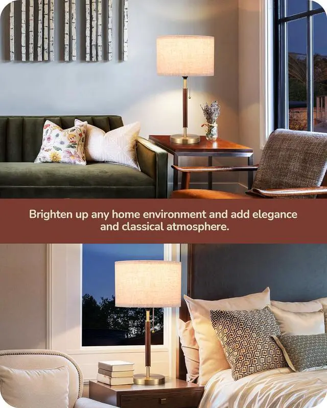 Alt view image 7 of 7 - EDISHINE Mid Century Table Lamp, Bedside Lamp with Pull Chain Switch, Solid Wood & Metal Pole, Modern Nightstand Table Lamp for Living Room, Bedroom, Office, Frosted Bronze & Wood Finish