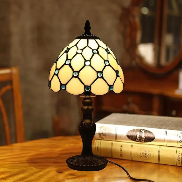 Alt view image 3 of 7 - Tiffany Small Table Lamp for Living Room Blue Beads Stained Glass Bedside Nightstand Table Lamps for Bedroom Set of 2,3-Color Temperatures 8X8X15 Inch Hotel Home Office Desk Lamps