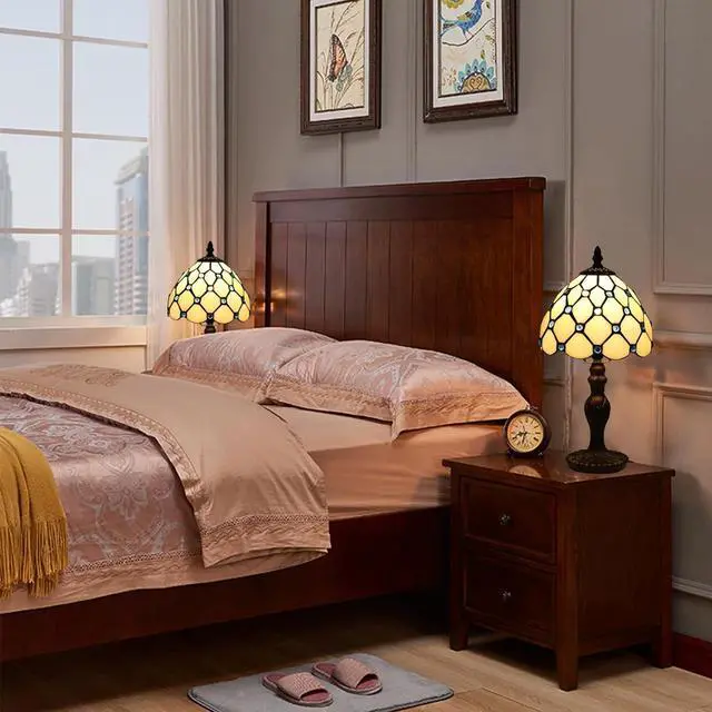 Alt view image 4 of 7 - Tiffany Small Table Lamp for Living Room Blue Beads Stained Glass Bedside Nightstand Table Lamps for Bedroom Set of 2,3-Color Temperatures 8X8X15 Inch Hotel Home Office Desk Lamps