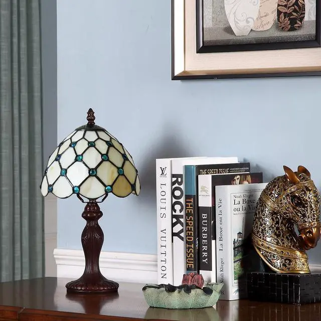 Alt view image 5 of 7 - Tiffany Small Table Lamp for Living Room Blue Beads Stained Glass Bedside Nightstand Table Lamps for Bedroom Set of 2,3-Color Temperatures 8X8X15 Inch Hotel Home Office Desk Lamps