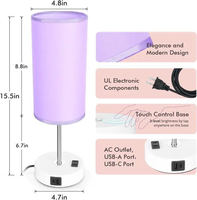 Alt view image 2 of 7 - Bedside Table Lamp with USB Port - Touch Desk Lamp for Bedroom, 3 Way Dimmable Small Nightstand Lamp for Living Room, Bedroom Lamps for Room Decor, Purple