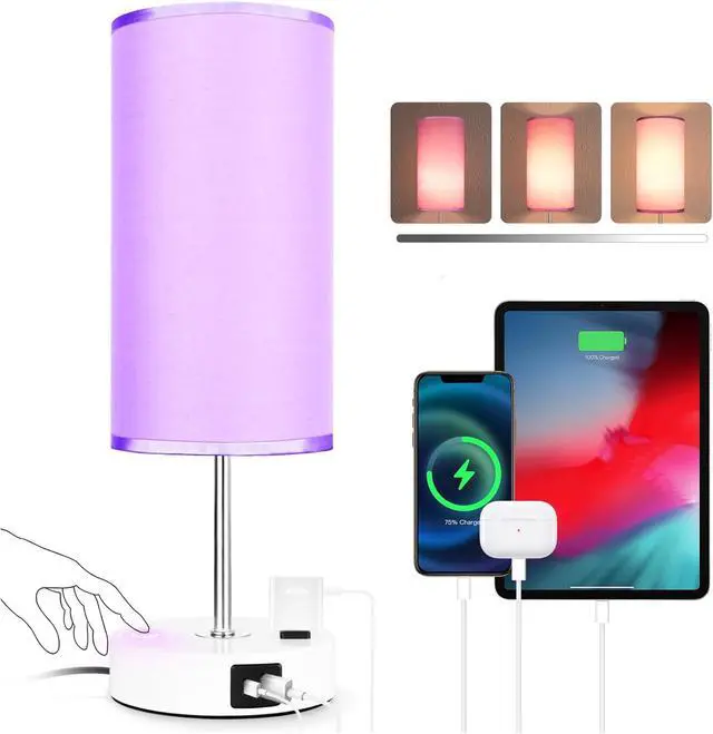 Alt view image 7 of 7 - Bedside Table Lamp with USB Port - Touch Desk Lamp for Bedroom, 3 Way Dimmable Small Nightstand Lamp for Living Room, Bedroom Lamps for Room Decor, Purple