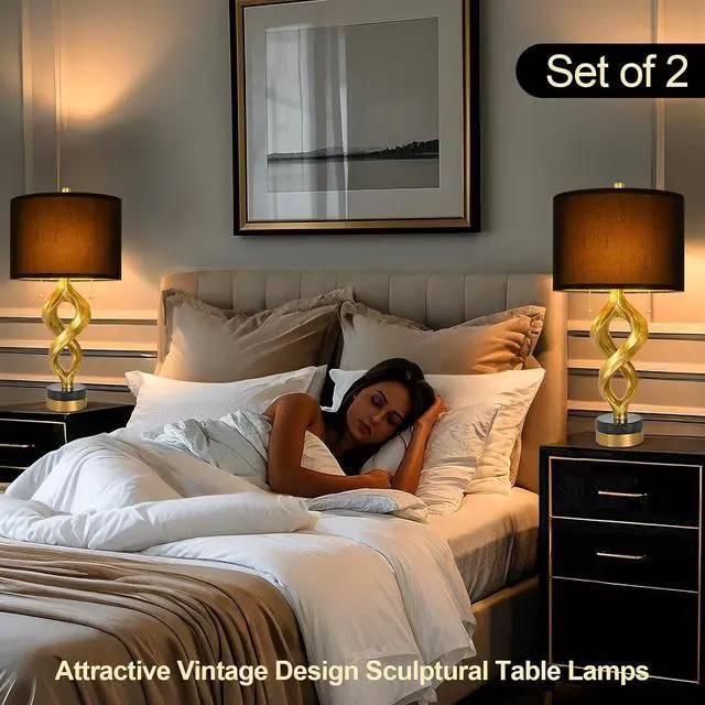 Alt view image 2 of 7 - Sculptural Table Lamp Set of 2 for Bedroom, 26 Gold Leaf Farmhouse Bedside Lamps for Living Room, Pull Chains Switch Rustic Nightstand Lamp Marble Base with USB for Home Room Decor (Bulbs Included)