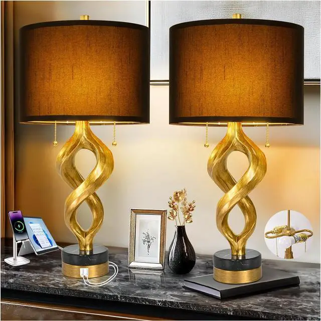 Main image of Sculptural Table Lamp Set of 2 for Bedroom, 26 Gold Leaf Farmhouse Bedside Lamps for Living Room, Pull Chains Switch Rustic Nightstand Lamp Marble Base with USB for Home Room Decor (Bulbs Included)
