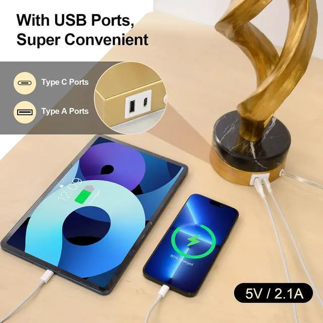 Alt view image 3 of 7 - Sculptural Table Lamp Set of 2 for Bedroom, 26 Gold Leaf Farmhouse Bedside Lamps for Living Room, Pull Chains Switch Rustic Nightstand Lamp Marble Base with USB for Home Room Decor (Bulbs Included)