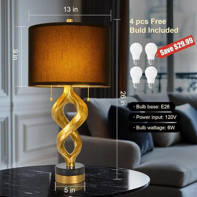 Alt view image 6 of 7 - Sculptural Table Lamp Set of 2 for Bedroom, 26 Gold Leaf Farmhouse Bedside Lamps for Living Room, Pull Chains Switch Rustic Nightstand Lamp Marble Base with USB for Home Room Decor (Bulbs Included)