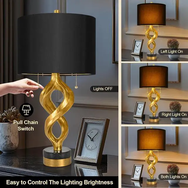 Alt view image 4 of 7 - Sculptural Table Lamp Set of 2 for Bedroom, 26 Gold Leaf Farmhouse Bedside Lamps for Living Room, Pull Chains Switch Rustic Nightstand Lamp Marble Base with USB for Home Room Decor (Bulbs Included)