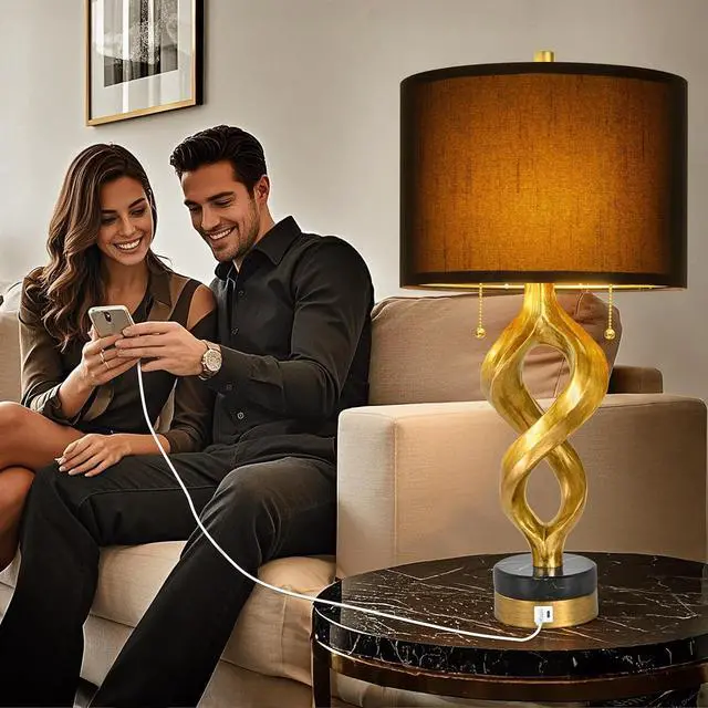 Alt view image 5 of 7 - Sculptural Table Lamp Set of 2 for Bedroom, 26 Gold Leaf Farmhouse Bedside Lamps for Living Room, Pull Chains Switch Rustic Nightstand Lamp Marble Base with USB for Home Room Decor (Bulbs Included)