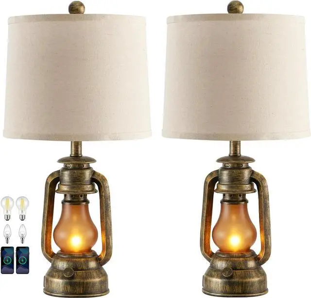Main image of RORIANO Set of 2 Farmhouse Lantern Table Lamps for Living Room with 2 USB Charging Ports, Rustic Vintage Nightstand Lamps with Nightlight for Bedroom End Table Entryway, 4 Bulb Included
