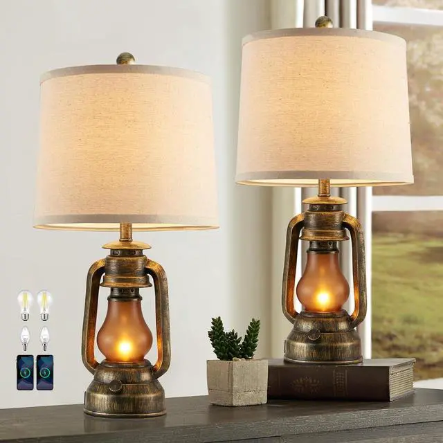 Alt view image 3 of 7 - RORIANO Set of 2 Farmhouse Lantern Table Lamps for Living Room with 2 USB Charging Ports, Rustic Vintage Nightstand Lamps with Nightlight for Bedroom End Table Entryway, 4 Bulb Included