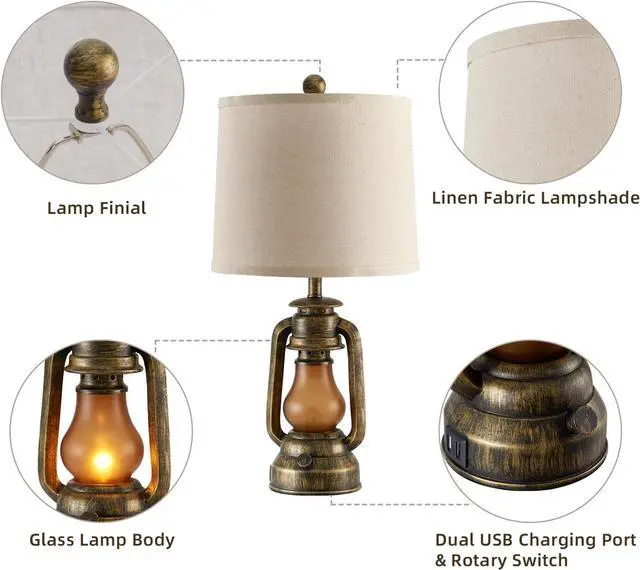 Alt view image 6 of 7 - RORIANO Set of 2 Farmhouse Lantern Table Lamps for Living Room with 2 USB Charging Ports, Rustic Vintage Nightstand Lamps with Nightlight for Bedroom End Table Entryway, 4 Bulb Included